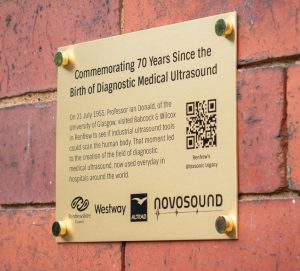 unveiling of a commemorative plaque by novosound, Westway, Altrad and Renfrewshire Council, marking the exact site where diagnostic ultrasound was born, celebrating 70 years of innovation